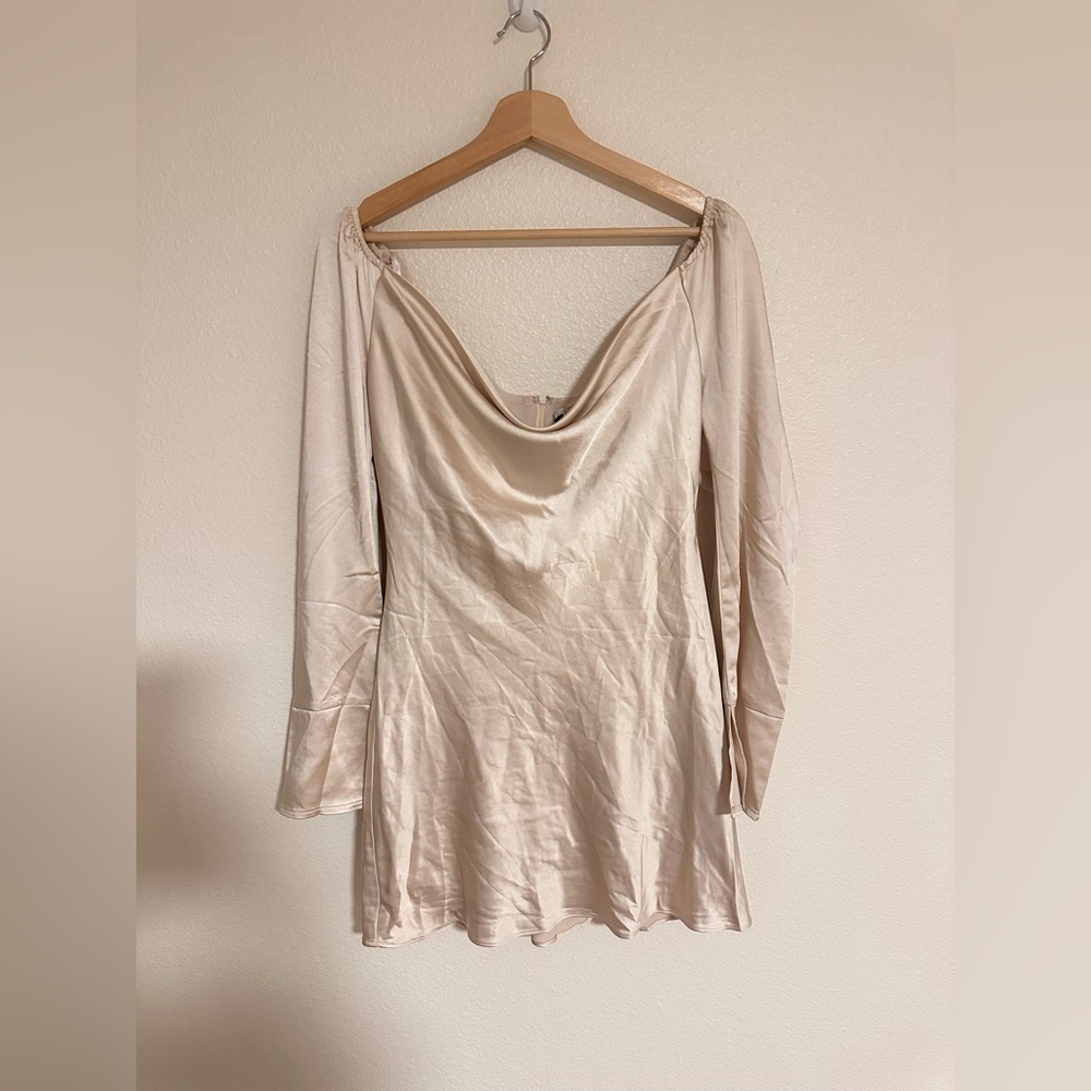 Lulus Sensational Fate Champagne Satin Cowl Neck Mini Dress - Picture 7 of 10